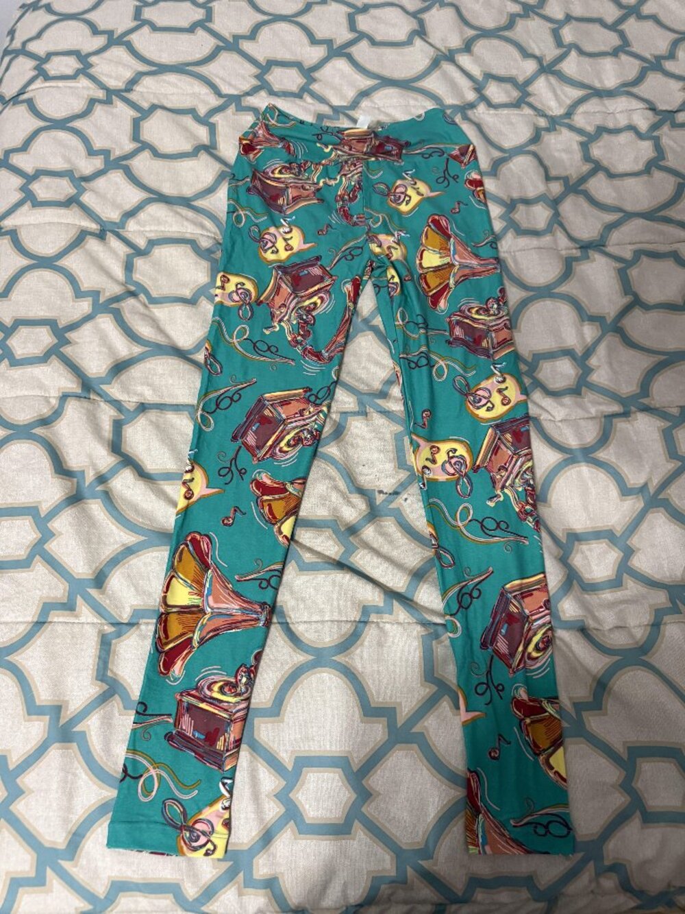 NWOT LuLaRoe Teal Music Gramophone Print Leggings One Size 💚